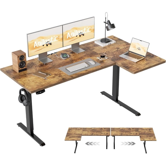 Hanyu 55 Inch Reversible L Shaped Standing Desk, Electric Height Adjustable Desk with Memory Preset, Sit Stand Up Computer Workstation for Home Office, Splice Board, Rustic Brown