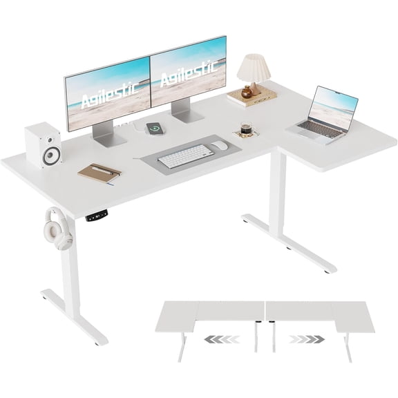 Agilestic 55 Inch Reversible L Shaped Standing Desk, Electric Height Adjustable Desk with Memory Preset, Sit Stand Up Computer Workstation for Home Office, Splice Board, White