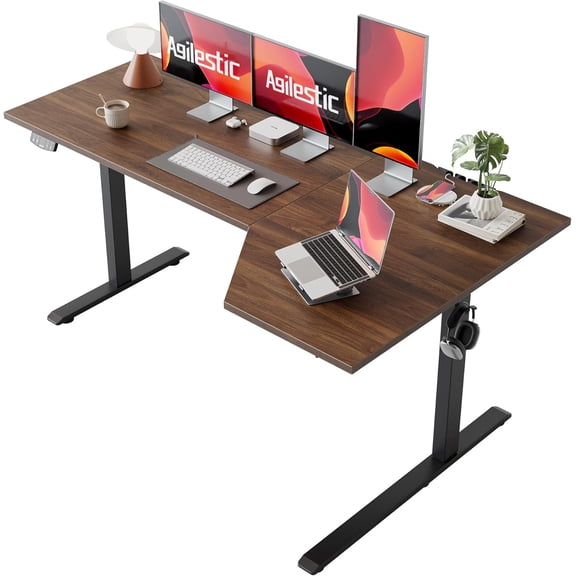 Hanyu 63x35" L-Shaped Electric Standing Desk with Memory Preset, Dark Walnut