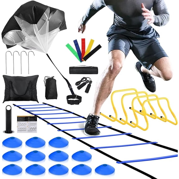 Agility Ladder,Football Training Equipment Set,4 Agility Hurdles, 20 feet12 Rungs Speed Ladder,12 Disc Cones,Resistance Parachute, Jump Rope, 5 Resistance Bands