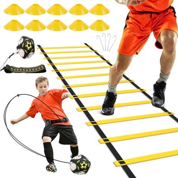 Agility Ladder Soccer Kick Trainer Set ,20ft Agility Ladder, 12 Cones, Solo Soccer Trainer | Versatile Accessory for Boys, Girls, Adults & Clubs