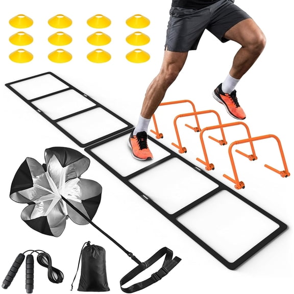 Agility Ladder Speed Training Equipment Set - 2 Speed Ladders, 4 Adjustable Hurdles, 12 Soccer Cones, Jump Rope, Running Parachute for Basketball, Football, Soccer Training, Youth, Adults