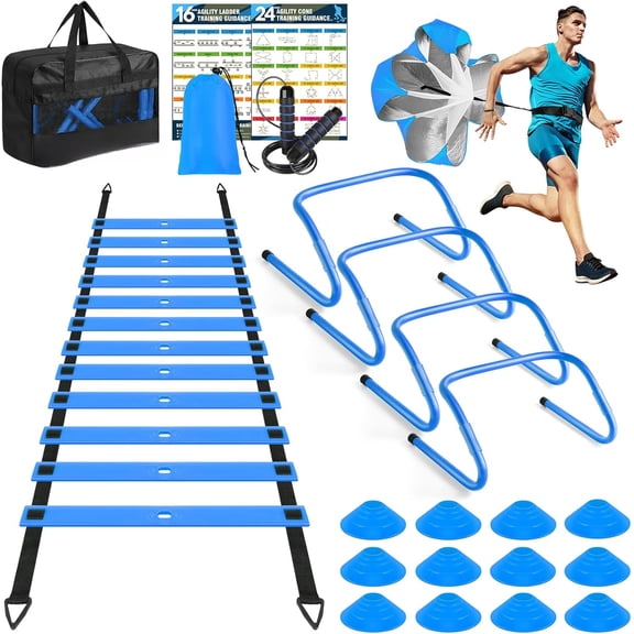 Agility Ladder Training Set – 12 Cones, 4 Hurdles, Jump Rope, Speed Parachute – for Soccer, Football, Basketball Agility Drills