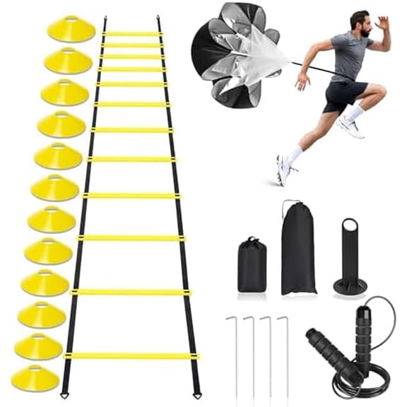 Agility Ladder,Speed Training Equipment Set,20ft Rungs Speed Ladder,Soccer Cones,Jump Rope, Running Resistance Umbrella,Basketball Equipment Football Fitness Training Equipment for Kids Youth Adults