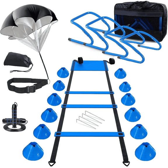 Agility Ladder Speed Training Set – 20FT Ladder with 12 Cones, 4 Hurdles, Jump Rope & Running Parachute | Complete Fitness Kit for Soccer, Football, Kids & Adult Footwork Drills