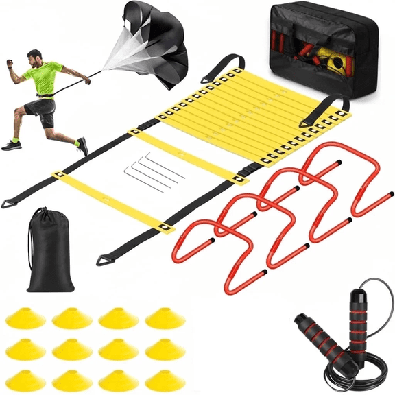 Agility Ladder Speed Training Set – 20FT Ladder with 12 Cones, 4 Hurdles, Jump Rope & Running Parachute | Complete Fitness Kit for Soccer, Football, Kids & Adult Footwork Drills