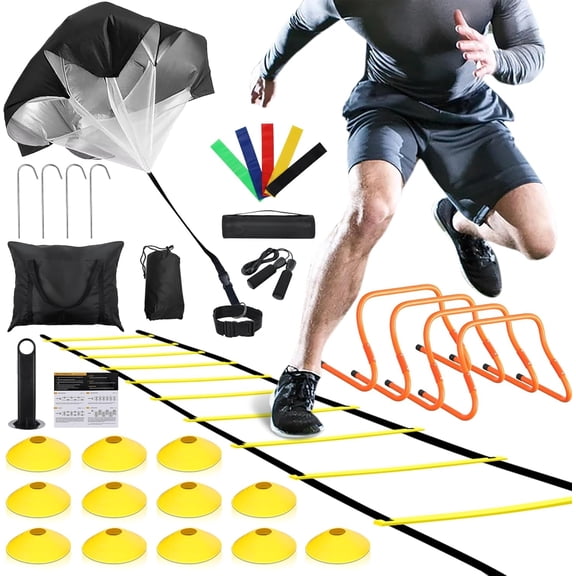 Agility Ladder Training Set – 20ft 12-Rung Ladder, 4 Hurdles, 12 Cones, Parachute, Jump Rope, 5 Bands, for Football/Agility Drills