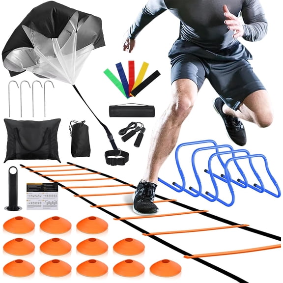 Agility Ladder Training Set – 20ft 12-Rung Ladder, 4 Hurdles, 12 Cones, Parachute, Jump Rope, 5 Bands, for Football/Agility Drills