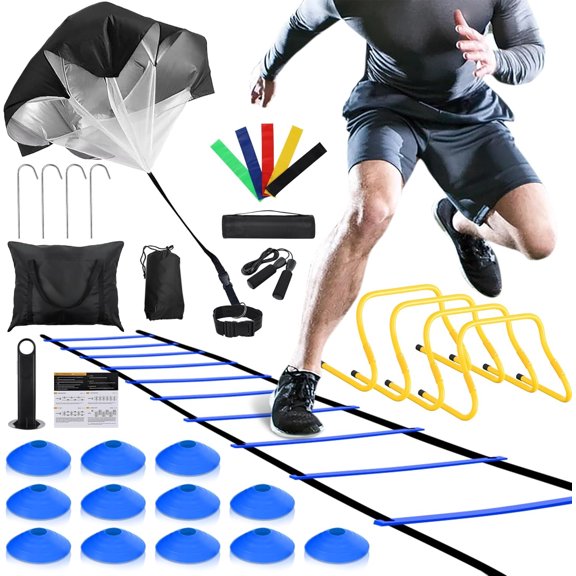 Agility Ladder Training Set – 20ft 12-Rung Ladder, 4 Hurdles, 12 Cones, Parachute, Jump Rope, 5 Bands, for Football/Agility Drills