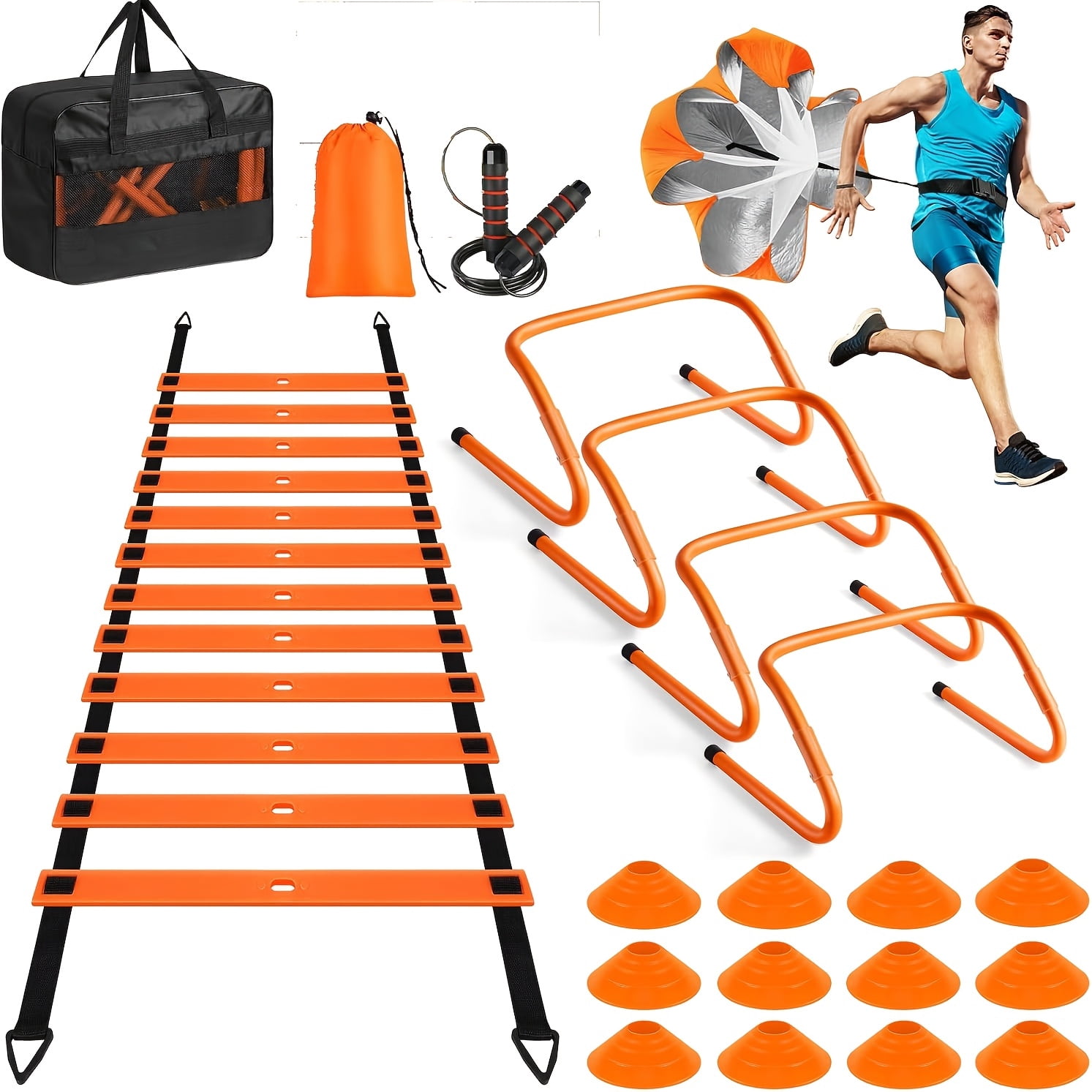 Agility Training Equipment, Football Training Equipment Includes 20FT Agility Ladder, 4 Adjustable Agility Hurdles, 12 Football Cones, Parachute, for Training Soccer Basketball Athletes