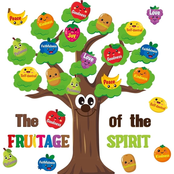 AgincBerry Fruit Bible Tree Bulletin Board - 76PCS Bible Accents Fruit Age of The Spirit Trees Cutouts Decor for Christian Classroom Bulletin Board Easter Religious Faith Sunday School Decor