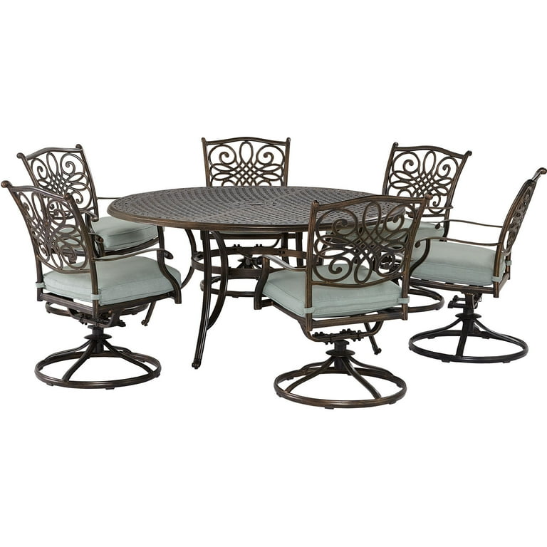 Agio Renditions 7 Piece Set with 6 Swivel Rockers and 60 in. Cast Top Table Featuring Sunbrella Fabric in Blue