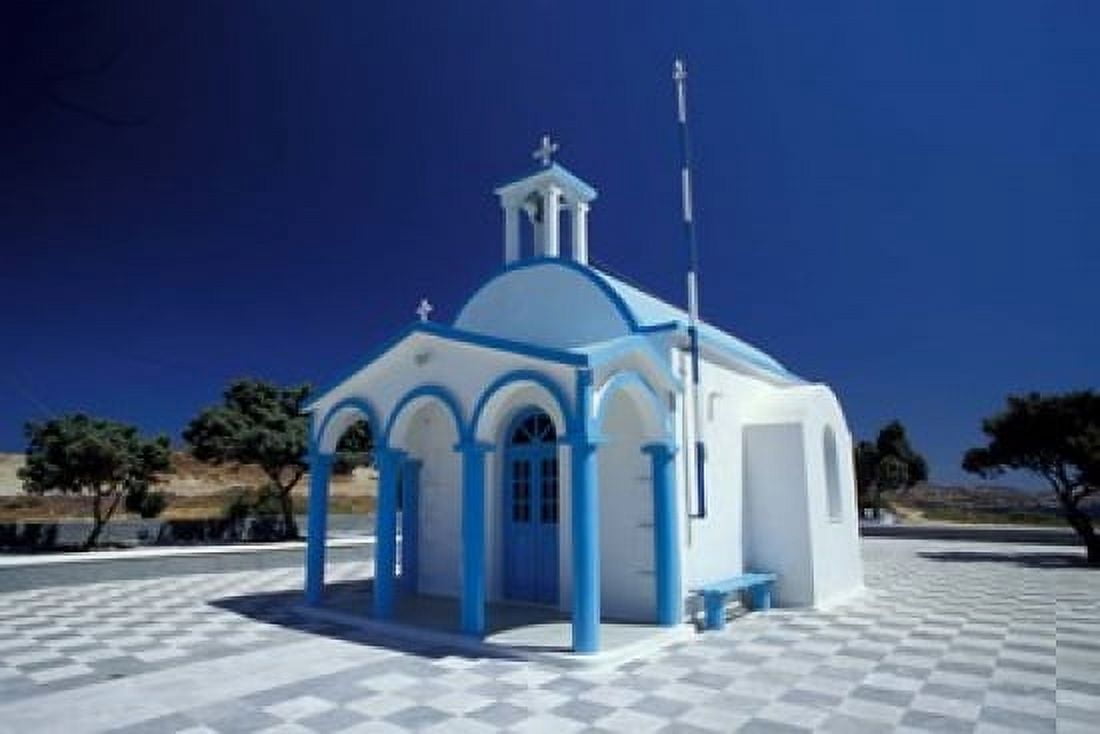 Agios Nicoolaos Church and Checkered Pavement Cyclades Islands Greece Canvas Art - Michele Molinari DanitaDelimont (36 x 24)