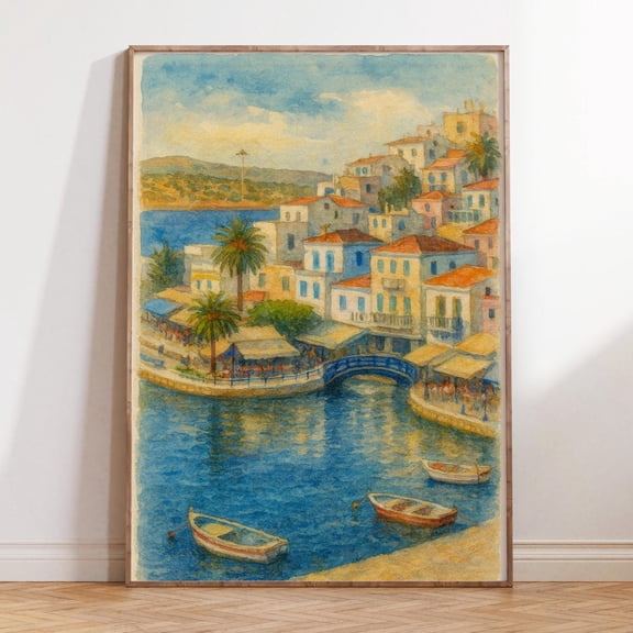 Agios Nikolaos Crete Greece Coastal Village Harbor Art Unframed Paper Print