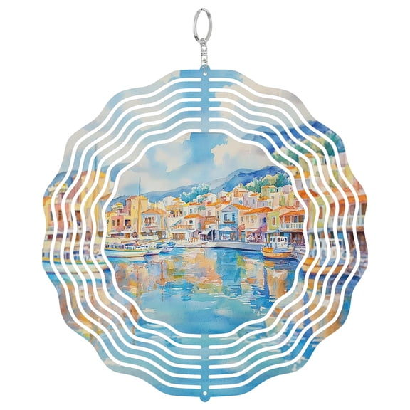 Agios Nikolaos Crete Lake 3D Wind Spinner Stainless Steel Kinetic Hanging Decor Garden Art Greek Harbor Gift