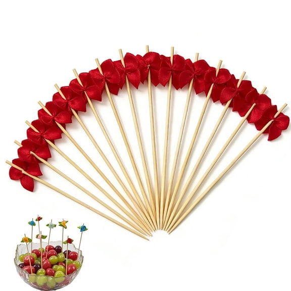Agiufgs 100 Pack Decorative Fruit Picks 100, Rose and Bow Adorned Wooden Skewers, for Party Appetizers and Desserts Setup and Daily, Red