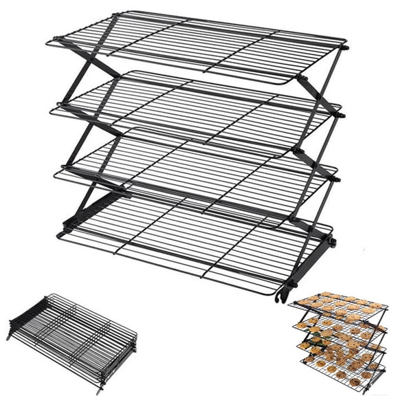 Agiufgs 4-Tier Collapsible Cooling Rack, Stackable with Lock Mechanism for Stable Use, for Baking Cooling Cookies, Black