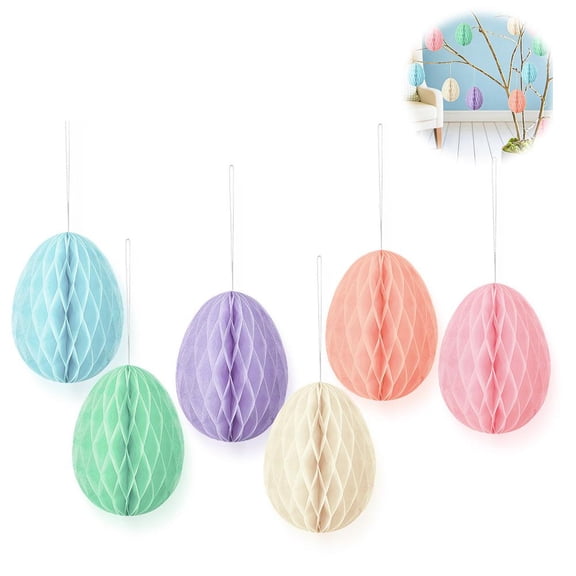 Agiufgs 6 Pack Easter Honeycomb Egg Ornaments 6pcs, Pre-folded 3D Paper Decorations, for Easter Party Spring Home Classroom Decor, Blue