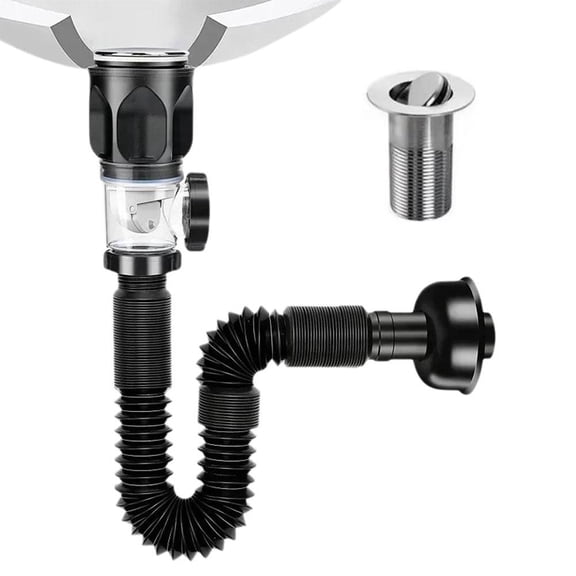 Agiufgs Bathroom Sink Drain Kit 1-1 2, Flexible Expandable Drain Pipe with Anti-Clogging Stopper, for Bathroom Sink and RV, Black
