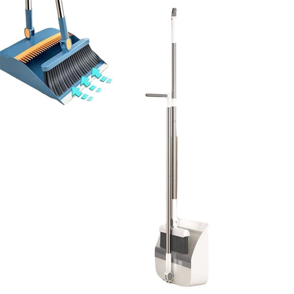 Agiufgs Broom and Dustpan Set, Self-Standing with Built-In Comb, for Sweeping Hardwood Tile and Laminate Floors, White