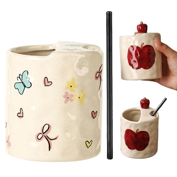 Agiufgs Ceramic Cup, 3.5 in Tall with Hand-Painted Designs, Prevents Table Scratches for Home or Office Use
