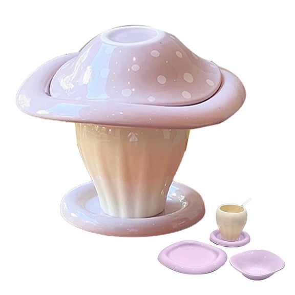 Agiufgs Ceramic Tableware Set 4-Piece, Adorable Mushroom Shape with Polka Dots, for Breakfast Snacks and Hot or Cold Drinks, Pink