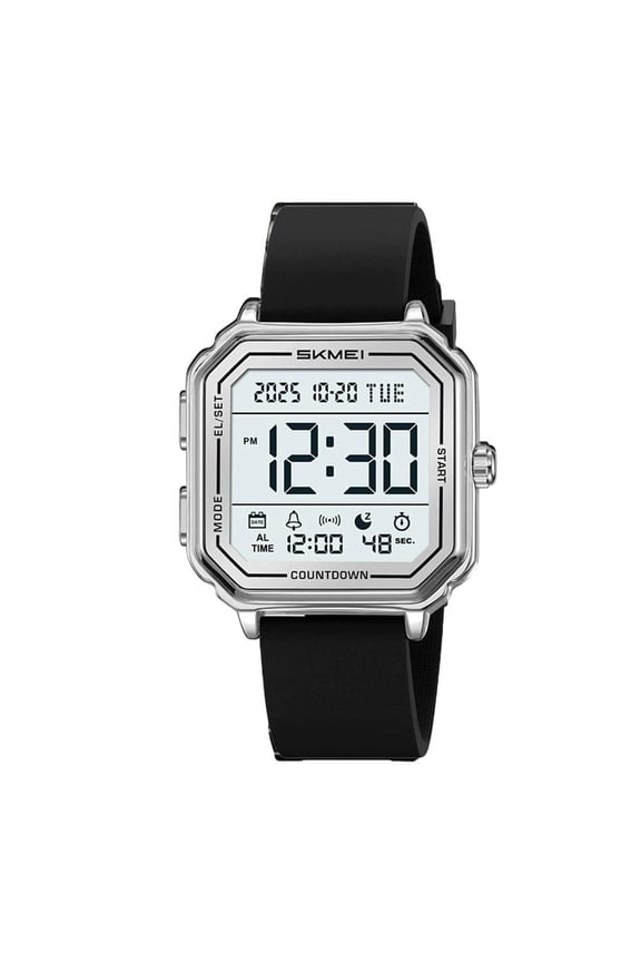 Digital Watch 98.43 Ft Men's Dual Time, Multi-Functional with El Backlit Screen, for Daily Sports and Business Wear, Silver Black