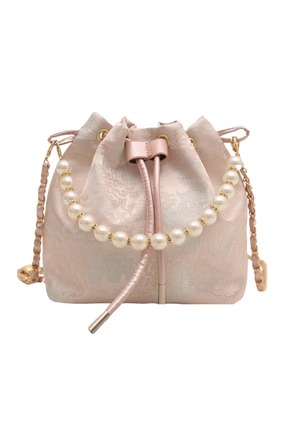 Drawstring Bucket Bag 18x9x6.5 in Woven, with Chain Shoulder Strap, for Daily Use Parties Gifts Setup and Use, Pink
