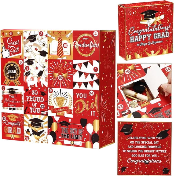 Agiufgs Graduation Advent Box 16-Day, Interactive Reveal System with Inspiring Quotes, for Graduation Celebrations High, Red