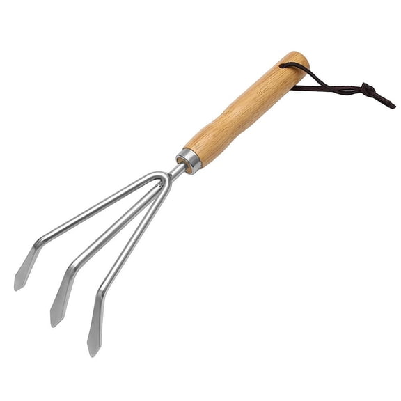 Agiufgs Hand Rake 11.4 in, Stainless Steel Head with Wooden Handle, for Weeding Aerating and Cultivating in Small Gardens, Multicolor, 1pcs
