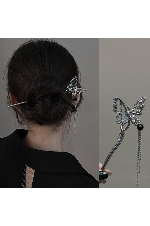 Retro Hairpin with Butterfly, Exquisite Hanfu-Inspired Design with Vintage, for Pairing with Cheongsam or Modern, Black