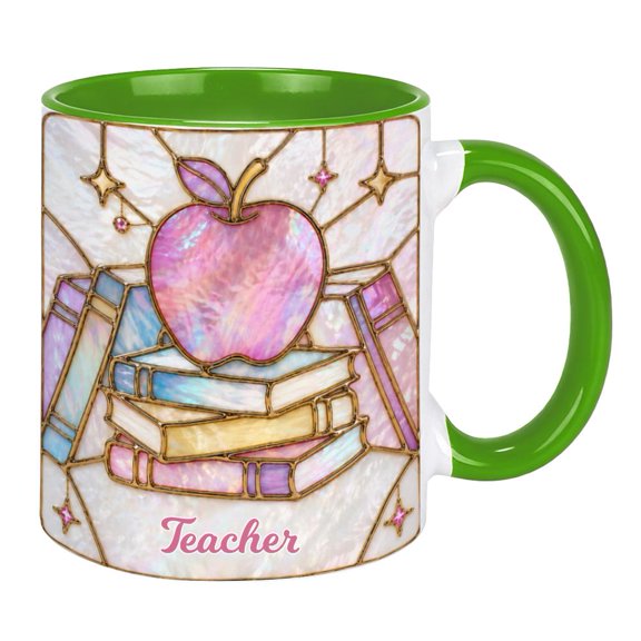 Agiufgs Teacher Gift Mug 11 Oz, with Apple and Books Design, for Teacher Appreciation or Retirement Setup and Daily Use, Green