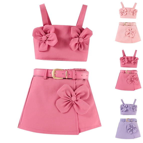 Agkizg 2PC Flowers Strap Top Decorative Buttons Skirt Set Cute Summer Outfits (Toddler Girl's or Girl's),2-Piece Set,Sizes 1-8 Years