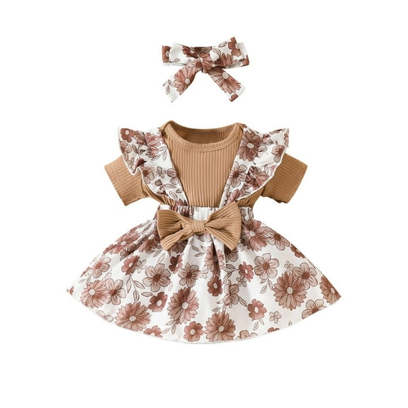 Agkizg Baby Girls Bodysuits, Baby Girls Ruffle Sleeve Rompers, Girls' and Infants' Floral Print Ruffle Shoulder Strap Dress solid Color Short Sleeved Shirt headscarf 3-piece Set