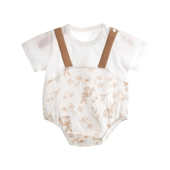 Agkizg Baby Girls Bodysuits, Baby Girls Short Sleeve Rompers, Newborn Baby Cotton Thin Fake Two-piece Crawling Clothes Cute Printed Full Baby Air Conditioning Clothes Jumpsuit Bag Fart Clothes