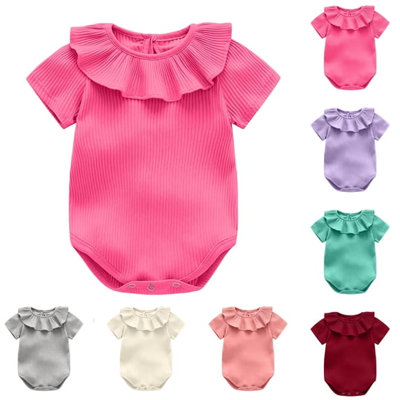 Agkizg Baby Girls Ribbed Knit Ruffle Collar Bodysuit, Short Sleeve Back Snap Solid Cream Onesie, Soft Stretchy Infant Summer Daily Undershirt