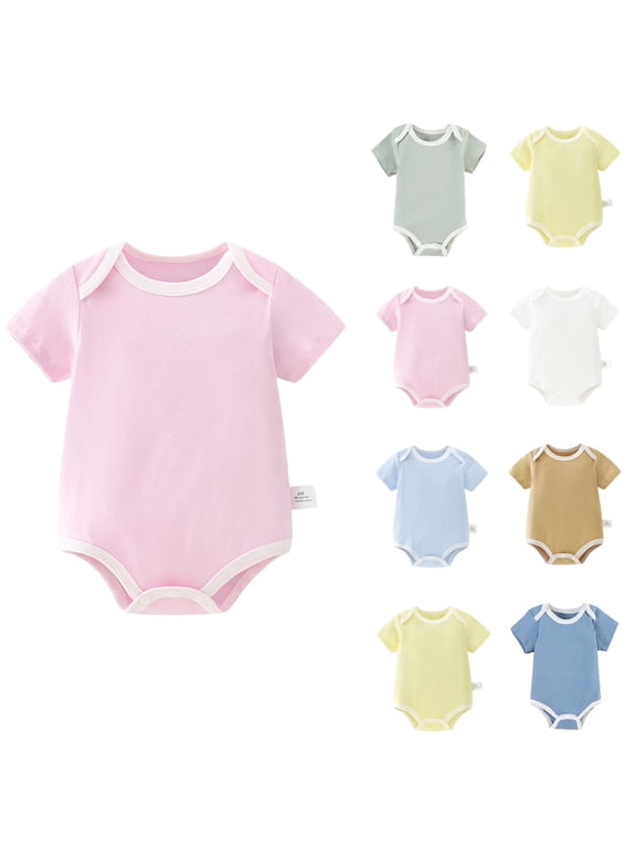 Baby Solid Color Contrast Binding Short Sleeve Bodysuit, Crew Neck Soft Cotton Basic Onesie, Unisex Newborn Infant Summer Play Undershirt