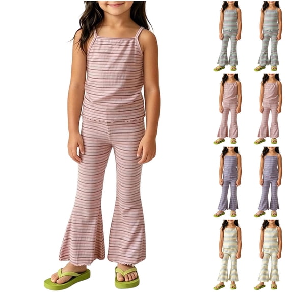 Agkizg Big Girls Clothing Set Striped 2 Piece Outfit Sleeveless Camisole Flare Pants Set