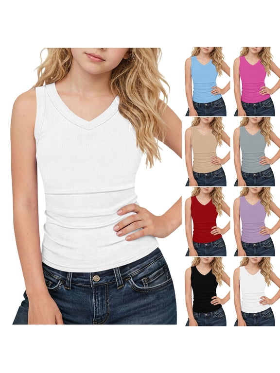 Big Girls V-Neck Tank Tops, Ribbed Sleeveless Active Summer Shirts for Tween Girls Breathable Solid Color Workout Top, Sizes 5-15 Years
