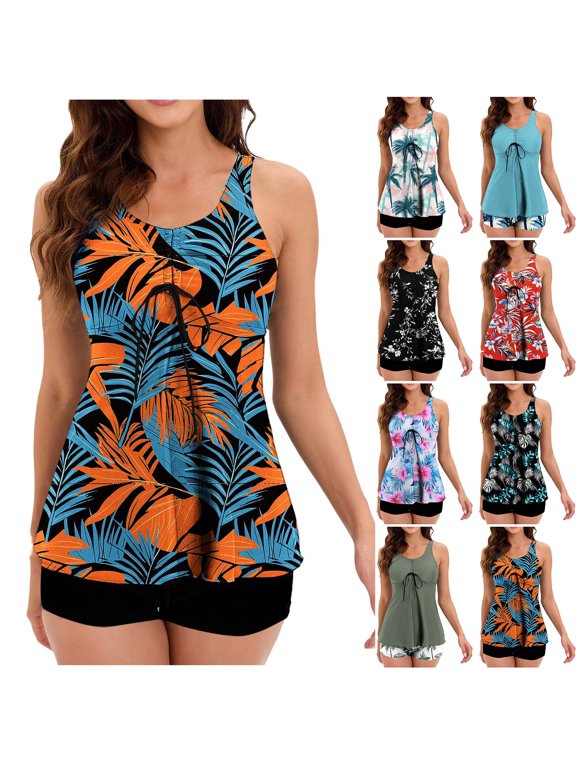 Blouson Tankini Swimsuits for Two Piece Bathing Suits Print Padded Wireless Two Piece Tankini Set Loose Fitting Drawstring Bathing Suits for Summer Beach and Pool Swimsuits (Women's)