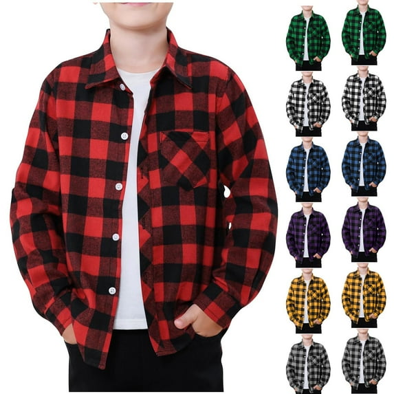Agkizg Boys Flannel Plaid Shirt,Casual Button Shirts,Fashion Button Checkered Long Sleeve Turndown Blouse Shirt