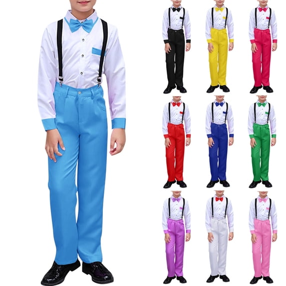 Agkizg 2PC Performance Suit Long Sleeve Blazer Suspenders Pants Bow Ties Set Formal Outfits (Boy's or Boy's Plus),2-Piece Set,Sizes 3-18 Years