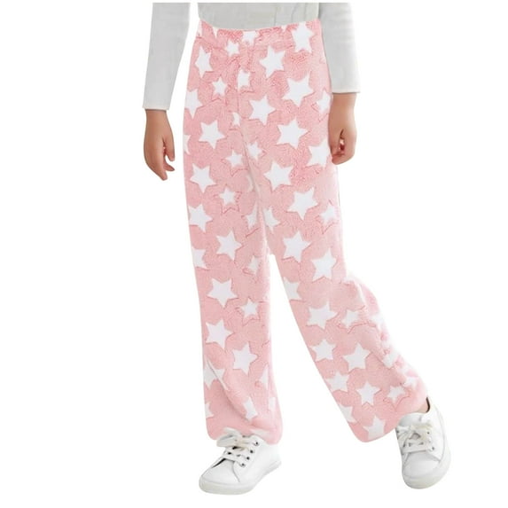 Agkizg Boys and Girls Fleece-Lined Sleep Pants,Kids Warm Loungewear Pants,Kids Fall Winter Fleece Pants 4-15 Years Elastic Waistband Wide Leg Straight Trousers with Elastic Waist Casual Warm Pants