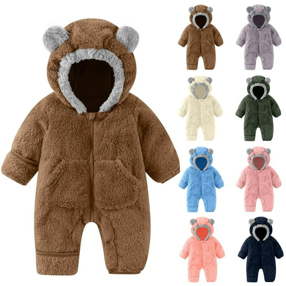 Agkizg Boys Girls Winter Fleece Romper Snowsuit,Plushs Long Sleeve Hooded Jumpsuit,Soft Warm Thickened Loungewear Kids Fleece Bodysuit,3-6 Months