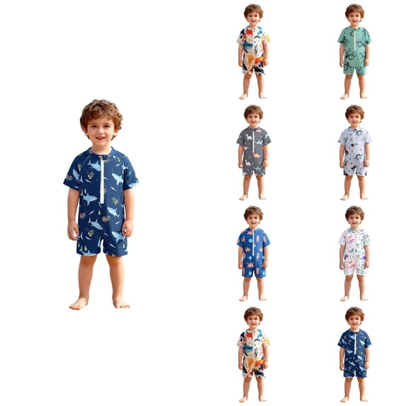 Agkizg Boys One-Piece Swimsuit Short Sleeve Rashes Guard Half Zip Front Print Swimwear Sun Protection for Kids Youth Toddlers Summer Beach Pool Swimming Outfit