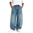 thumbnail image 1 of Agkizg Boys Washed Wide Leg Jeans Gradient Color Distressed Vintage Straight Pants with Embroidery Back Pocket, Sizes 7-8 Years, 1 of 5
