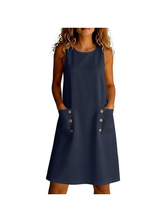 Button Front Maxi Dress Sleeveless Cotton Linen Casual Loose Fitting Long Summer Dress (Women's or Women's Plus),Sizes XL