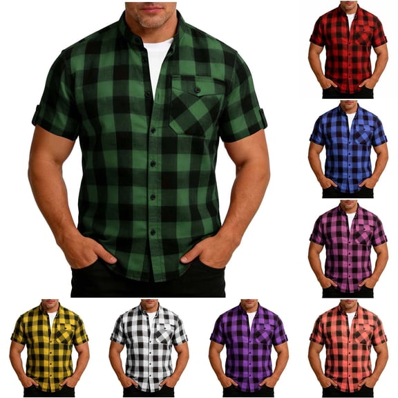 Agkizg Casual Button Down Shirt Short Sleeve Stand Collar Plaid Shirts Functional Pocket Casual Top (Men's)