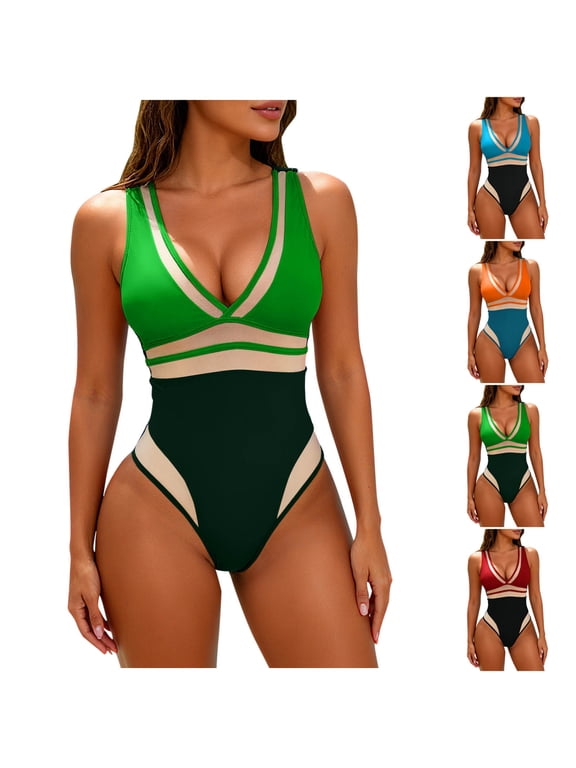 Color Blocked Mesh One Piece Swimsuit,Backless Tummys Control Bathing Suits with Removable Bra Pads (Women's)