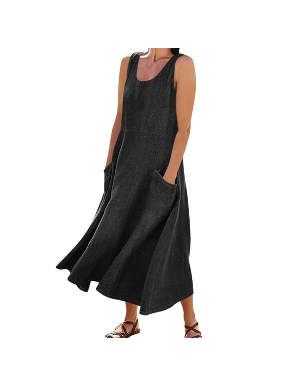 Denim Maxi Dress Sleeveless Loose Fitting Cotton Long Jean Dress Casual Summer (Women's or Women's Plus),Sizes XXL